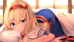 Rule 34 | 2girls, alice margatroid, bad id, bad pixiv id, bed, bed sheet, blonde hair, blue dress, blue eyes, book, bookmark, bow, capelet, doll, dress, frilled sash, grimoire, hair bow, hairband, highres, lock, lying, multiple girls, on stomach, pillow, pouty lips, red bow, sash, shanghai doll, shangurira, short hair, short sleeves, touhou