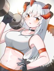 1girl absurdres arknights arm_strap bare_shoulders black_choker black_gloves blush brown_horns choker clothes_writing cowboy_shot crop_top dumbbell eyes_visible_through_hair glint gloves groin hand_on_own_hip hand_up highres holding holding_dumbbell horns long_hair looking_at_viewer midriff navel open_mouth orange_eyes orange_horns rhine_lab_logo saria_(arknights) skindentation sleeveless smile solo spam_(spamham4506) sports_bra sweatdrop tail white_hair white_sports_bra