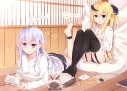 Rule 34 | 2girls, ass, barefoot, black legwear, black panties, blonde hair, blue eyes, blush, book, buttons, cat, closed mouth, collared shirt, commentary request, feet, garter straps, hair ribbon, handheld game console, highres, light purple hair, long hair, long sleeves, lying, midriff, multiple girls, nahaki, nintendo 3ds, no pants, no shoes, on stomach, open mouth, original, panties, playing games, pointy ears, purple eyes, ribbon, shirt, sitting, smile, thighhighs, underwear, white shirt, wooden floor, yellow ribbon