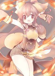 Rule 34 | 1girl, animal ears, animal hands, armor, bad id, bad pixiv id, breastplate, brown eyes, brown hair, cape, delthea (fire emblem), dog ears, dog paws, dog tail, fang, fire, fire emblem, fire emblem echoes: shadows of valentia, grey background, long hair, nintendo, open mouth, ponytail, solo, tail, teu (navy), thighs, upper body