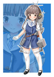 Rule 34 | 1girl, adapted turret, black footwear, black hair, blue background, blue dress, brown eyes, cannon, dress, gloves, highres, kantai collection, mary janes, rigging, senon, shoes, short hair, short hair with long locks, short sleeves, sidelocks, smile, standing, thigh strap, thighhighs, ukuru (kancolle), white gloves, white thighhighs, zoom layer