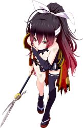 Rule 34 | 1girl, asymmetrical legwear, black hair, black legwear, bridal gauntlets, covering privates, covering breasts, full body, gradient hair, headband, high ponytail, holding, holding polearm, holding spear, holding weapon, leaning forward, long hair, multicolored hair, polearm, red eyes, red hair, ribbon-trimmed legwear, ribbon trim, sandals, solo, spear, torn clothes, transparent background, uneven legwear, weapon