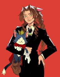 Rule 34 | aerith gainsborough, animal ears, black jacket, black necktie, black pants, blush, boots, braid, braided ponytail, brown footwear, brown hair, cait sith (ff7), cat ears, cat tail, closed mouth, collared shirt, cowboy shot, creature, crown, dress shirt, fang, final fantasy, final fantasy vii, final fantasy vii rebirth, final fantasy vii remake, furry, gloves, gold crown, green eyes, hand on own hip, highres, jacket, long hair, looking ahead, looking at viewer, necktie, pants, parted bangs, pink lips, red background, shirt, simple background, suit jacket, tail, unlckdrat, whisk, white gloves, white shirt