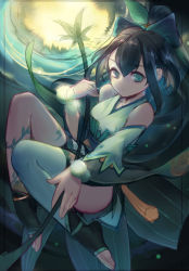 Rule 34 | 1girl, absurdres, bare shoulders, black hair, detached sleeves, green eyes, highres, long hair, looking at viewer, nemo (leafnight), onmyoji, pom pom (clothes), ponytail, single thighhigh, solo, thighhighs, toeless legwear, very long hair, white thighhighs, ying grass
