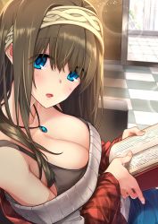 Rule 34 | 10s, 1girl, baffu, black hair, blue eyes, blush, book, breasts, checkered floor, cleavage, collarbone, commentary request, eyes visible through hair, hairband, highres, idolmaster, idolmaster cinderella girls, image sample, jewelry, large breasts, long hair, looking at viewer, looking to the side, necklace, off-shoulder, off-shoulder sweater, off shoulder, open book, open mouth, pendant, ribbed sweater, sagisawa fumika, shawl, sitting, solo, sweater, tank top