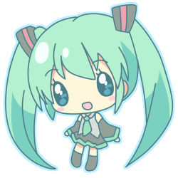 Rule 34 | 1girl, :d, aqua eyes, aqua hair, chibi, detached sleeves, hatsune miku, long hair, mirai (sugar), musical note, necktie, open mouth, outline, simple background, skirt, smile, solo, symbol-shaped pupils, twintails, very long hair, vocaloid, white background