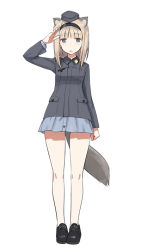 Rule 34 | 1girl, animal ears, blue eyes, brown hair, full body, garrison cap, hat, headband, looking at viewer, luminous witches, maria magdalena dietrich, medium hair, military, military uniform, open mouth, pocket, salute, shimada fumikane, shoes, simple background, solo, squirrel ears, squirrel tail, standing, tail, uniform, world witches series