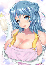 Rule 34 | 10s, 1girl, absurdres, apron, baby bottle, bare shoulders, blue eyes, blue hair, bottle, breast hold, breasts, cleavage, double bun, elbow gloves, gloves, highres, kantai collection, large breasts, long hair, looking at viewer, matching hair/eyes, sankakusui, smile, solo, urakaze (kancolle), white gloves