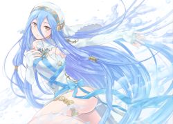Rule 34 | 1girl, ass, azura (fire emblem), bad id, bad pixiv id, blue hair, bow, detached collar, dress, elbow gloves, fingerless gloves, fire emblem, fire emblem fates, gloves, hair between eyes, long hair, nintendo, outstretched arm, parted lips, potechi norisio, ribbon, simple background, solo, very long hair, water, white gloves, yellow eyes