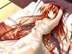 Rule 34 | 1girl, alternate costume, armpits, bad id, bad pixiv id, bat wings, bed, bed sheet, blush, breasts, covered erect nipples, embodiment of scarlet devil, female focus, head wings, highres, koakuma, long hair, lying, midoriiro no shinzou, on back, open mouth, pillow, red eyes, red hair, solo, touhou, wings