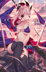 Rule 34 | 1girl, asymmetrical hair, backlighting, bare shoulders, bikini, black thighhighs, blue bikini, blue eyes, blue kimono, blush, breasts, cleavage, collarbone, commentary request, earrings, eyepatch, fate/grand order, fate (series), grin, hair ornament, japanese clothes, jewelry, katana, kimono, unworn kimono, kousaki rui, large breasts, long hair, looking at viewer, magatama, miyamoto musashi (fate), navel, ocean, one eye closed, pink hair, ponytail, signature, sitting, smile, solo, sunset, swept bangs, swimsuit, sword, thighhighs, thighs, weapon, wide sleeves