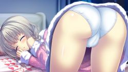 Rule 34 | 1girl, ameto yuki, ass, bed, blush, cameltoe, closed eyes, from behind, game cg, grey hair, legs, long hair, panties, pillow, pure x connect, shinozaki ayumi (pure x connect), solo, thighs, top-down bottom-up, underwear, white panties