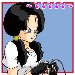 Rule 34 | 1girl, artist request, black hair, blue eyes, blush, dragon ball, dragonball z, fingerless gloves, gloves, lowres, text focus, tongue, tongue out, translation request, twintails, videl