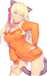 Rule 34 | 1girl, animal ears, blonde hair, blue eyes, blush, breasts, cat ears, cat tail, closed mouth, contrapposto, fiodo, hand on own hip, large breasts, long hair, long sleeves, looking at viewer, off-shoulder, off-shoulder sweater, off shoulder, orange sweater, original, simple background, smile, solo, standing, sweater, tail, thighhighs, thighs, white background, white thighhighs