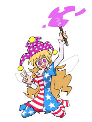 Rule 34 | 1girl, :d, american flag dress, american flag legwear, blonde hair, blush stickers, clownpiece, commentary, eddybird55555, fairy, fairy wings, frilled shirt collar, frills, full body, hat, highres, holding, holding torch, jester cap, long hair, looking at viewer, neck ruff, no shoes, open mouth, pantyhose, polka dot, purple eyes, ringed eyes, romaji commentary, simple background, smile, solo, torch, touhou, v, vanripper (style), very long hair, white background, wings