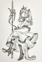 Rule 34 | 1girl, cross, crosshatching, crown, dress, earrings, greyscale, hatching (texture), high heels, highres, jewelry, looking at viewer, mashimashi, monochrome, monochrome, original, sitting, solo, tail, weapon