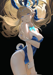 Rule 34 | 1girl, absurdres, animal ears, black background, blonde hair, blue archive, blue bow, blue bowtie, blue eyes, blue leotard, blue nails, bow, bowtie, breasts, cowboy shot, detached collar, fake animal ears, fake tail, halo, highleg, highleg leotard, highres, large breasts, leotard, looking at viewer, nipple slip, nipples, open mouth, playboy bunny, rabbit ears, rabbit tail, serelith, simple background, solo, tail, toki (blue archive), toki (bunny) (blue archive), v, wrist cuffs