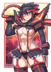 Rule 34 | 1girl, absurdres, blue eyes, blush, breasts, checkered background, cleavage, colored sclera, expressionless, highres, holding, holding weapon, kamui (kill la kill), kill la kill, large breasts, looking at viewer, matoi ryuuko, medium breasts, multicolored hair, navel, red eyes, revealing clothes, sagas293, scissor blade (kill la kill), senketsu, solo, streaked hair, sword, underboob, weapon, yellow sclera