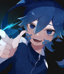 Rule 34 | 1girl, :d, black background, blue eyes, blue hair, ene (kagerou project), finger gun, hair between eyes, headphones, highres, jacket, kagerou project, long hair, open mouth, simple background, smile, solo, teeth, toa510, track jacket, twintails, upper teeth only