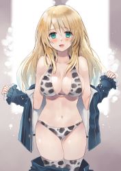 1girl, animal print, atago (kancolle), bangs, bikini, blonde hair, blue eyes, blue jacket, blush, breasts, cow print, eyebrows visible through hair, hair between eyes, hatomaru (hatomaru56), highres, jacket, kantai collection, large breasts, long hair, looking at viewer, open clothes, open jacket, open mouth, sidelocks, simple background, solo, swimsuit, thighhighs, two-tone background