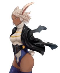 Rule 34 | 1girl, absurdres, amputee, animal ears, artist name, black jacket, boku no hero academia, breasts, clothing cutout, crescent print, dark-skinned female, dark skin, double amputee, fur collar, heattech leotard, highleg, highleg leotard, highres, jacket, lammyyy, large breasts, leotard, long eyelashes, looking at viewer, mirko, parted bangs, parted lips, purple thighhighs, rabbit ears, rabbit girl, rabbit tail, red eyes, short hair, solo, spoilers, tail, tail through clothes, taut leotard, thighhighs, thighs, toned, turtleneck, white background, white hair