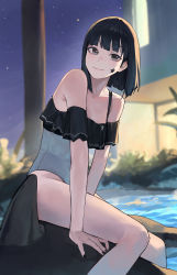 Rule 34 | 1girl, absurdres, bare legs, bare shoulders, black eyes, black hair, blunt bangs, bob cut, breasts, cleavage, closed mouth, collarbone, facial mark, frills, highres, leaning forward, looking at viewer, mac star, medium hair, night, night sky, one-piece swimsuit, original, outdoors, pool, poolside, sitting, sky, smile, solo, star (symbol), swimsuit