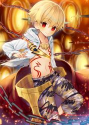 Rule 34 | 1boy, blonde hair, blush, chain, child gilgamesh (fate), fate/grand order, fate (series), gate of babylon (fate), gilgamesh (fate), hood, hoodie, jewelry, looking at viewer, magonuri, male focus, navel, necklace, red eyes, shorts, smile, solo, sword, weapon