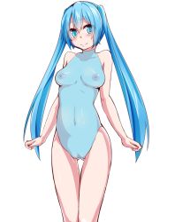 Rule 34 | 1girl, aqua eyes, aqua hair, bad id, bad pixiv id, blush, breasts, clitoris, female focus, hatsune miku, highres, jack dempa, leotard, long hair, looking at viewer, medium breasts, navel, nipples, pussy, see-through, simple background, smile, solo, thigh gap, twintails, uncensored, very long hair, vocaloid, white background