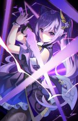 Rule 34 | 1girl, arms up, bare shoulders, black background, bow, breasts, brown pantyhose, closed mouth, dress, flower, genshin impact, gloves, gold, hair between eyes, hair flower, hair ornament, hands up, highres, holding, holding weapon, keqing (genshin impact), light, long hair, looking at viewer, medium breasts, off shoulder, pantyhose, purple background, purple bow, purple dress, purple eyes, purple flower, purple gloves, purple hair, purple theme, short sleeves, solo, standing, sword, weapon, yuujin (yuzinn333)