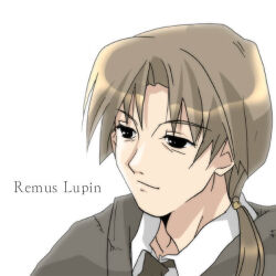 Rule 34 | 1boy, animification, bad source, black eyes, brown hair, brown necktie, character name, collared shirt, grey robe, hair over shoulder, half-closed eyes, harry potter (series), koge donbo, light smile, long hair, low ponytail, male focus, necktie, ponytail, remus john lupin, robe, shirt, simple background, solo, upper body, white background, white shirt, wizarding world