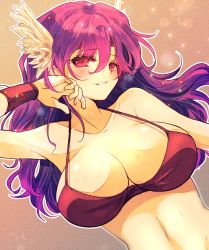 Rule 34 | 1girl, armpit peek, artist request, athena (series), bikini, bikini top only, breasts, cleavage, grin, highres, large breasts, long hair, navel, princess athena, purple eyes, purple hair, red bikini, seductive smile, smile, snk, solo, swimsuit
