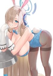 Rule 34 | 1girl, animal ears, ass, asuna (blue archive), asuna (bunny) (blue archive), asurada yui, bare shoulders, blue archive, blue eyes, blue leotard, blue ribbon, blush, breasts, brown pantyhose, cleavage, detached collar, elbow gloves, fake animal ears, gloves, grin, hair over one eye, hair ribbon, halo, highleg, highleg leotard, highres, large breasts, leaning forward, leotard, light brown hair, long hair, looking at viewer, mole, mole on breast, pantyhose, playboy bunny, rabbit ears, rabbit tail, ribbon, smile, solo, stool, tail, thighband pantyhose, thighs, very long hair, white gloves