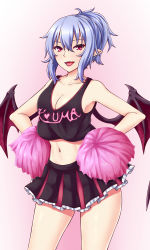 Rule 34 | 1girl, aged up, alternate costume, bad id, bad nicoseiga id, bare arms, bare shoulders, bat wings, black skirt, black wings, blue hair, breasts, cheerleader, cleavage, clothes writing, collarbone, commentary request, cowboy shot, crop top, fangs, gradient background, hair between eyes, highres, lips, long hair, looking at viewer, medium breasts, midriff, miniskirt, navel, open mouth, pink background, pink eyes, pleated skirt, pointy ears, pom pom (cheerleading), remilia scarlet, revision, skirt, smile, solo, tank top, touhou, wings, zellam