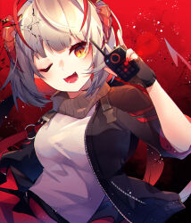 Rule 34 | 1girl, antenna hair, arknights, aruke0, black gloves, black jacket, breasts, commentary, crack, demon girl, demon horns, demon tail, fingerless gloves, gloves, gradient background, hand up, highres, holding, holding walkie-talkie, horns, jacket, large breasts, looking at viewer, nail polish, one eye closed, open mouth, orange eyes, red background, red hair, red nails, red skirt, shirt, short hair, skirt, smile, solo, tail, w (arknights), walkie-talkie, white hair, white shirt