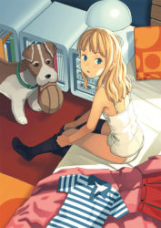 Rule 34 | 1girl, :o, adjusting clothes, adjusting legwear, animal, bed, black thighhighs, blonde hair, blue eyes, book, camisole, clothes, dog, dressing, hat, katou akatsuki, lamp, legs, looking up, morning on earth, mouth hold, panties, pillow, shadow, sitting, skirt, sock pull, solo, striped, thighhighs, underwear, white panties