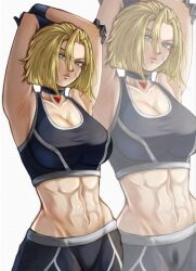 Rule 34 | 1girl, abs, armpits, blonde hair, breasts, cammy white, cleavage, crop top, gloves, highres, large breasts, lips, pants, ponii, scar, scar on face, short hair, sleeveless, street fighter, street fighter 6, white background