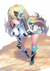 Rule 34 | 1girl, absurdres, angela balzac, bent over, blonde hair, blue eyes, boots, breasts, detached sleeves, h kasei, hanging breasts, headgear, highres, knee boots, large breasts, leotard, long hair, low twintails, rakuen tsuihou, silver hair, smile, solo, thighs, twintails, very long hair