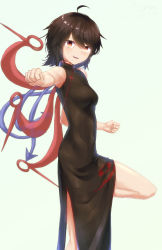 Rule 34 | 1girl, :d, adapted costume, ahoge, asymmetrical wings, bare arms, bare shoulders, black dress, black hair, blue wings, blush, breasts, china dress, chinese clothes, clenched hands, commentary request, covered navel, dated, dress, feet out of frame, fighting stance, grey background, hair between eyes, highres, houjuu nue, kisamu (ksmz), looking at viewer, medium breasts, open mouth, red eyes, red wings, short hair, side slit, simple background, sleeveless, sleeveless dress, smile, solo, standing, standing on one leg, thighs, touhou, wings