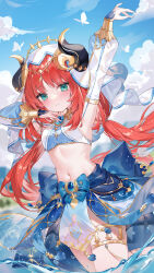Rule 34 | 1girl, absurdres, aqua eyes, arm up, armpits, blue skirt, blue sky, blush, breasts, brooch, cloud, commentary, crop top, day, fake horns, genshin impact, highres, horns, jewelry, long hair, long sleeves, looking at viewer, midriff, navel, neck ring, nilou (genshin impact), red hair, skirt, sky, small breasts, smile, solo, stomach, thighlet, thighs, very long hair, yuia