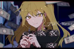 Rule 34 | 1girl, black dress, blonde hair, blurry, blurry background, brown eyes, character request, closed mouth, commentary request, danjou sora, depth of field, dress, hair between eyes, letterboxed, long hair, looking at viewer, money, smile, solo, translation request, upper body, vocaloid