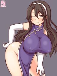 Rule 34 | 1girl, artist logo, ashigara (kancolle), brown eyes, brown hair, china dress, chinese clothes, covered erect nipples, cowboy shot, dated, dress, elbow gloves, gloves, gradient background, grey background, hairband, kanon (kurogane knights), kantai collection, long hair, no panties, one-hour drawing challenge, one eye closed, pelvic curtain, purple dress, sleeveless, sleeveless dress, solo, wavy hair, white gloves, white hairband