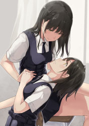 Rule 34 | 2girls, bad id, bad tumblr id, belt, black hair, black necktie, blush, breasts, chair, closed mouth, collared shirt, curtains, dress, eye contact, green eyes, half-closed eyes, hiwatari rin, holding hands, indoors, interlocked fingers, legs together, light smile, long hair, looking at another, medium breasts, multiple girls, necktie, original, parted lips, pinafore dress, school uniform, shirt, short sleeves, sitting, sleeveless dress, smile, white shirt, window, wing collar, yellow eyes, yuri