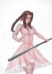 Rule 34 | 1girl, absurdres, aerith gainsborough, bluecup, bolo tie, bow, bracelet, braid, breasts, brown hair, dress, final fantasy, final fantasy vii, final fantasy vii remake, glowing, glowing petals, green eyes, hair bow, highres, jewelry, looking at viewer, materia, necklace, petals, pink dress, serious, simple background, solo, staff, weapon
