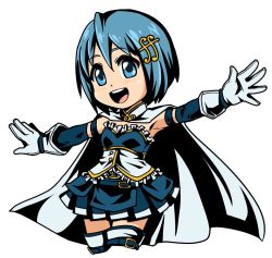 Rule 34 | 1girl, blue eyes, blue hair, cape, fortissimo, gloves, hair ornament, hairclip, looking at viewer, magical girl, mahou shoujo madoka magica, mahou shoujo madoka magica (anime), miki sayaka, musical note, musical note hair ornament, open mouth, short hair, simple background, skirt, smile, solo, teeth, thighhighs, upper teeth only, white background, white gloves, white thighhighs, yuuya (blue scarab)