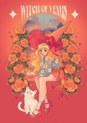 Rule 34 | 1girl, aino minako, artemis (sailor moon), bishoujo senshi sailor moon, blonde hair, blue sweater, bottle, bow, cat, chain, cloud, cloudy sky, commentary, english commentary, flower, full body, hand on own chin, hat, hat bow, hat ribbon, high heels, highres, lanajay art, looking at viewer, love potion, miniskirt, red bow, red flower, red footwear, red headwear, red ribbon, red rose, red skirt, red theme, ribbon, rose, sitting, skirt, sky, socks, star (sky), starry sky, sweater, white cat, white socks, window, witch, witch hat