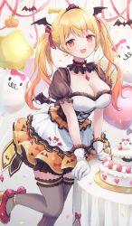 Rule 34 | 1girl, :d, absurdres, animal print, bat print, birthday cake, black choker, black thighhighs, blonde hair, breasts, cake, choker, cleavage, fang, food, frilled shirt collar, frilled thighhighs, frills, head wings, highres, hololive, layered skirt, long hair, looking at viewer, medium breasts, open mouth, puffy short sleeves, puffy sleeves, red eyes, red footwear, see-through, see-through sleeves, shano hiyori, short sleeves, skin fang, skirt, smile, solo, thighhighs, tiara, twintails, underbust, virtual youtuber, white skirt, wings, yellow skirt, yozora mel