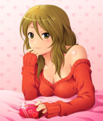 Rule 34 | 1girl, bad id, bad pixiv id, blush, breasts, brown hair, cleavage, extra, gift, heart, k-on!, long hair, looking at viewer, off shoulder, shian (my lonly life.), smile, solo, sweater, tachibana himeko, upper body, yellow eyes