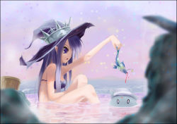 Rule 34 | 1girl, artist request, bare shoulders, bikini, blue eyes, blue hair, blurry, breasts, crown, fatima, fish, foreshortening, hat, legs, long hair, luminous arc, luminous arc 2, open mouth, partially submerged, pointy ears, profile, sitting, star (symbol), swimsuit, water, witch hat