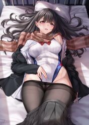 Rule 34 | 1girl, bare shoulders, black hair, black jacket, black pantyhose, blazer, blunt bangs, blush, bow, bowtie, breasts, brown scarf, clothes pull, come hither, covered navel, crotch seam, highleg, highleg swimsuit, highres, jacket, kurofude anna, long hair, long sleeves, looking at viewer, lying, medium breasts, nail polish, off shoulder, on back, on bed, one-piece swimsuit, open clothes, open jacket, open shirt, original, pantyhose, pantyhose pull, parted lips, pillow, pink nails, plaid, plaid scarf, pleated skirt, presenting, purple eyes, red bow, red bowtie, scarf, school uniform, shirt, signature, skirt, skirt pull, solo, swimsuit, white shirt