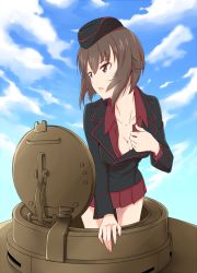 Rule 34 | 10s, 1girl, arm support, black jacket, breasts, brown eyes, brown hair, cleavage, cloud, cloudy sky, day, dress shirt, egooo, garrison cap, girls und panzer, hat, jacket, long sleeves, looking to the side, medium breasts, military, military uniform, military vehicle, miniskirt, motor vehicle, nishizumi maho, pleated skirt, red shirt, red skirt, shirt, short hair, skirt, sky, solo, standing, sweat, tank, tiger i, uniform, vehicle